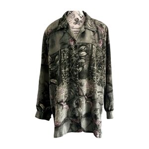 Vintage Tanjay Green & Mauve Botanical Blouse – Oversized XL/XXL